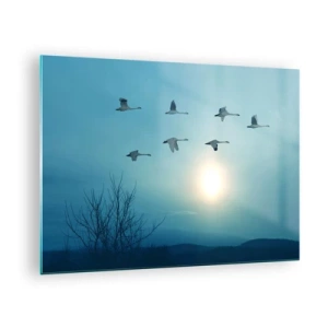 Cuadro sobre vidrio - Impresiones sobre Vidrio - Cisnes volando con el sol poniente como telón de fondo y un paisaje invernal. - 70x50cm - Adiós al verano por un año - Decoración de pared moderna para salón y dormitorio ARTTOR