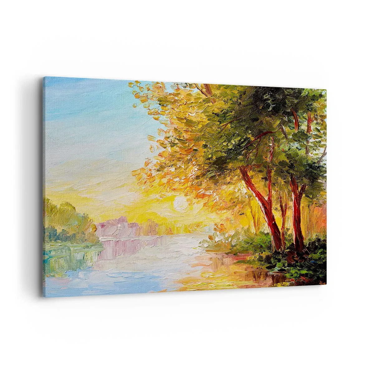 Cuadro sobre lienzo - Impresión de Imagen - Un paisaje pintoresco con un río y árboles al atardecer. - 100x70cm - Ensueño - Decoración de pared moderna para salón y dormitorio ARTTOR