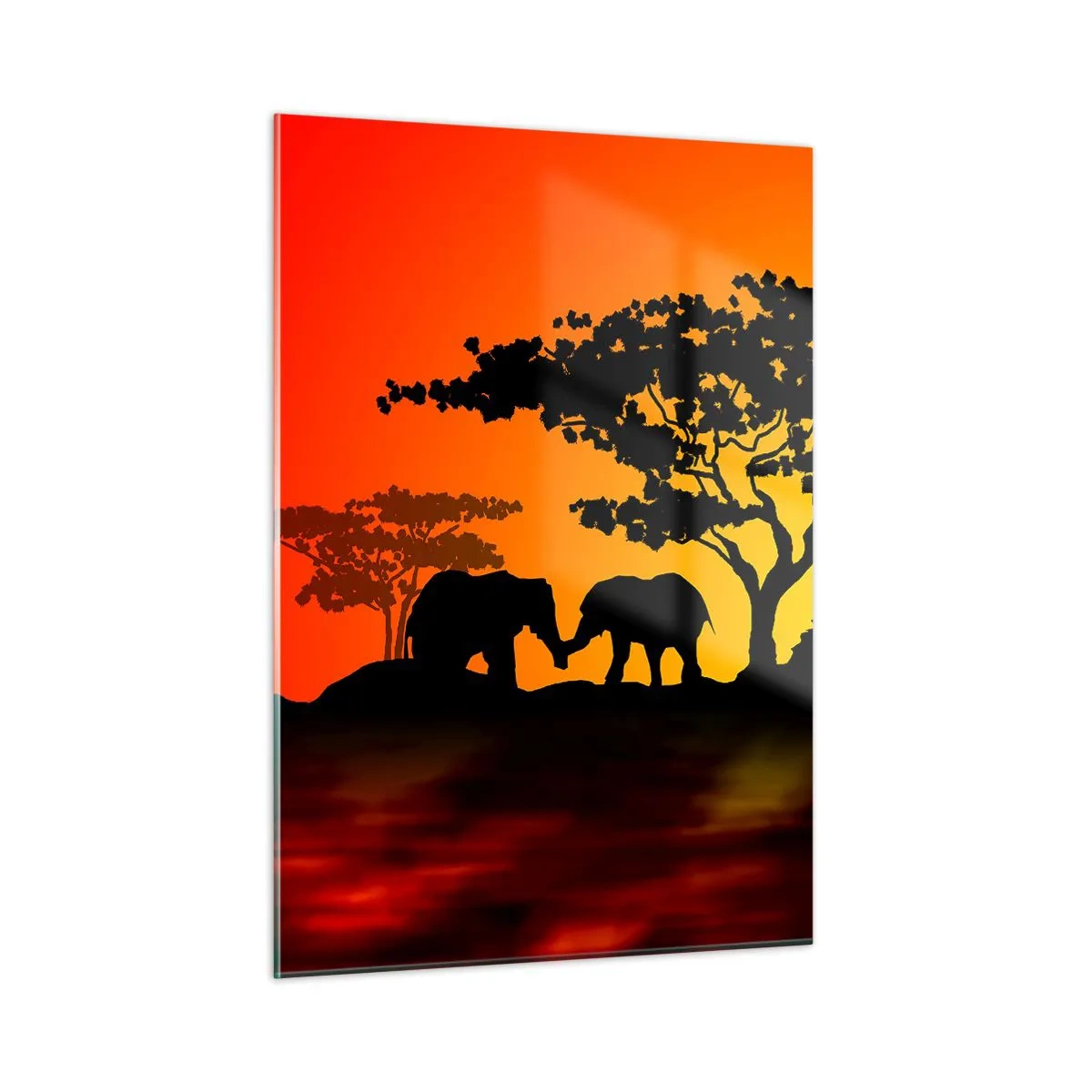 Cuadro sobre vidrio - Impresiones sobre Vidrio - Paisaje africano con árboles y animales al atardecer. - 50x70cm - Reunión en la sabana - Decoración de pared moderna para salón y dormitorio ARTTOR