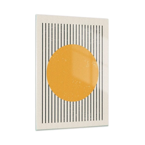 Cuadro sobre vidrio - Impresiones sobre Vidrio - Un círculo naranja sobre un fondo de líneas negras horizontales sobre un fondo beige. - 50x70cm - El poder de la sencillez - Decoración de pared moderna para salón y dormitorio ARTTOR