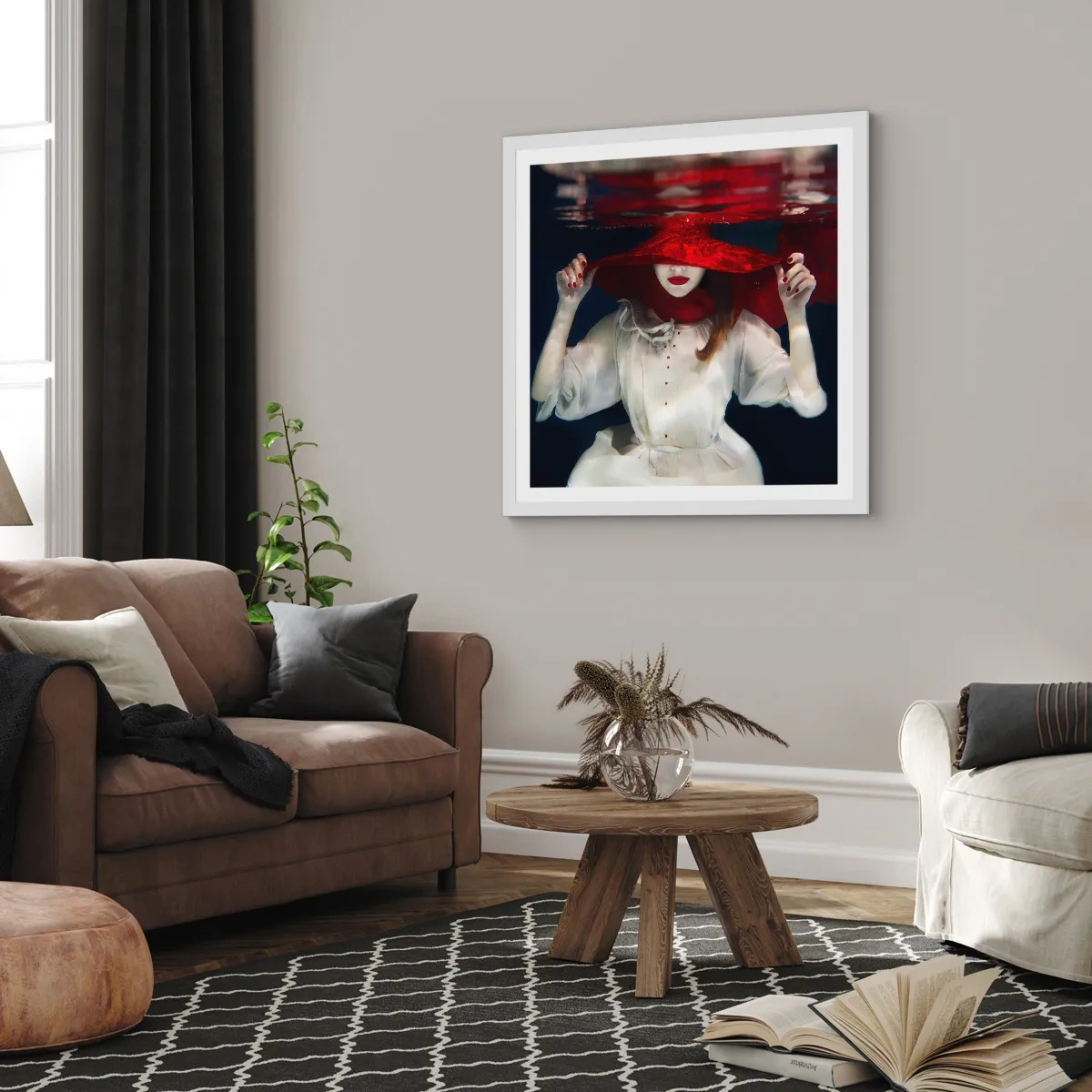 Póster en marco blanco - Blanco y rojo - 40x40 cm