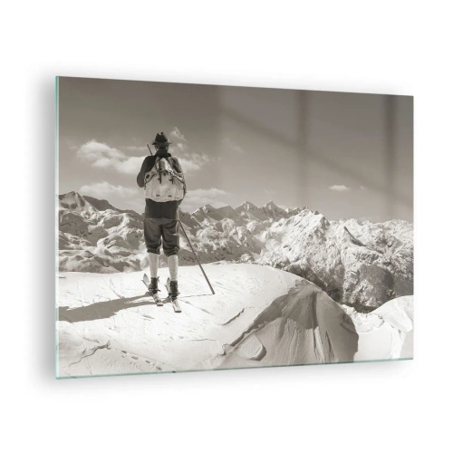 Cuadro sobre vidrio - Impresiones sobre Vidrio - Esquiador en la cima de una montaña en blanco y negro - 70x50cm - El techo del mundo - Decoración de pared moderna para salón y dormitorio ARTTOR