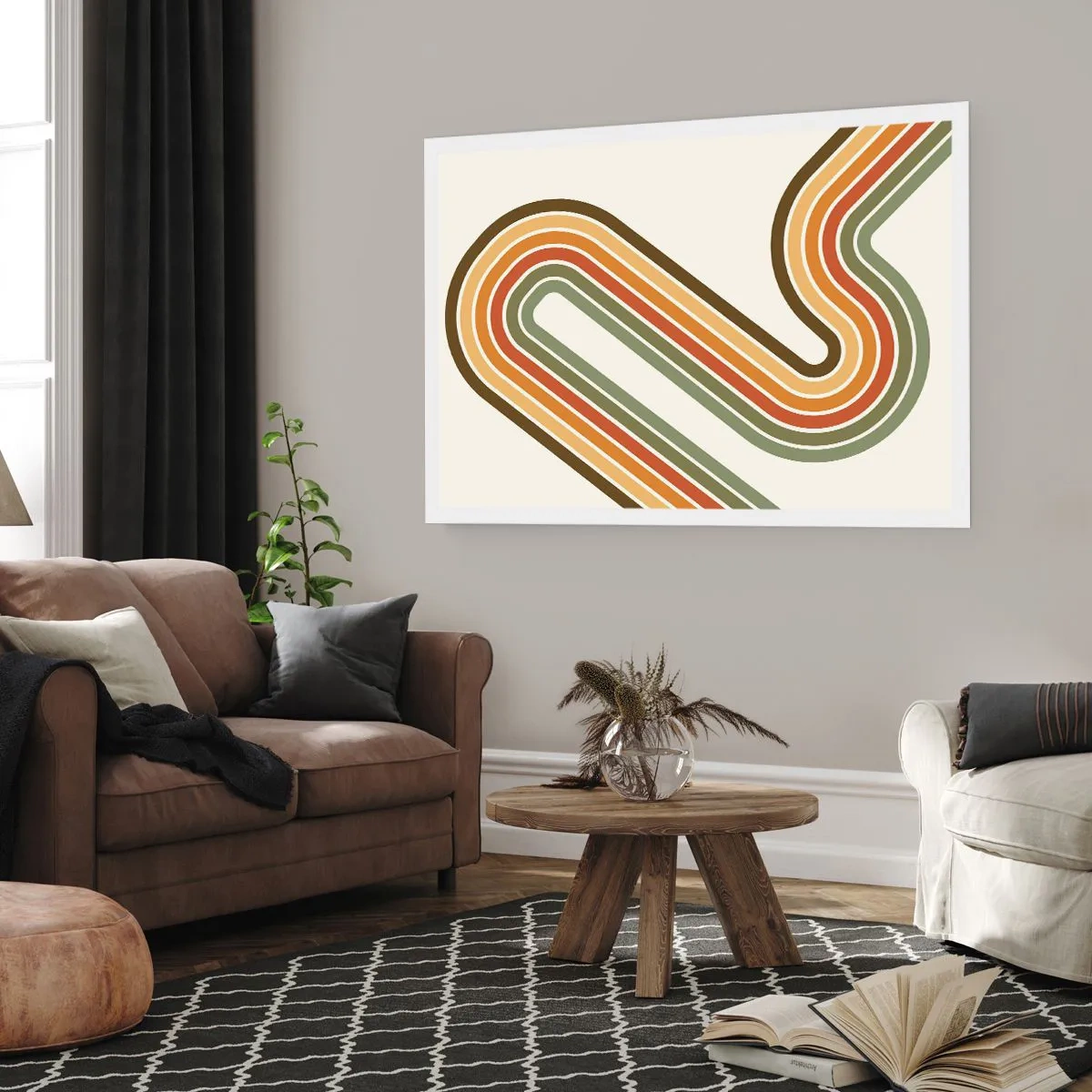 Póster - Patrón geométrico en tonos verde, naranja y beige sobre un fondo claro. - 100x70cm - Zigzagueando hasta su destino - Decoración de pared moderna para salón y dormitorio ARTTOR