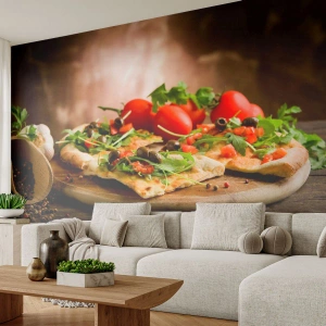Fotomural Premium Canvas - Pizza con verduras sobre tabla de madera en estilo rústico - 100x70cm - Directamente del horno y del jardín - Decoración de pared moderna para salón y dormitorio ARTTOR