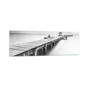 Cuadro sobre vidrio - Impresiones sobre Vidrio - Una vista en blanco y negro de un muelle de madera sobre aguas tranquilas. - 160x50cm - Lejos - Decoración de pared moderna para salón y dormitorio ARTTOR