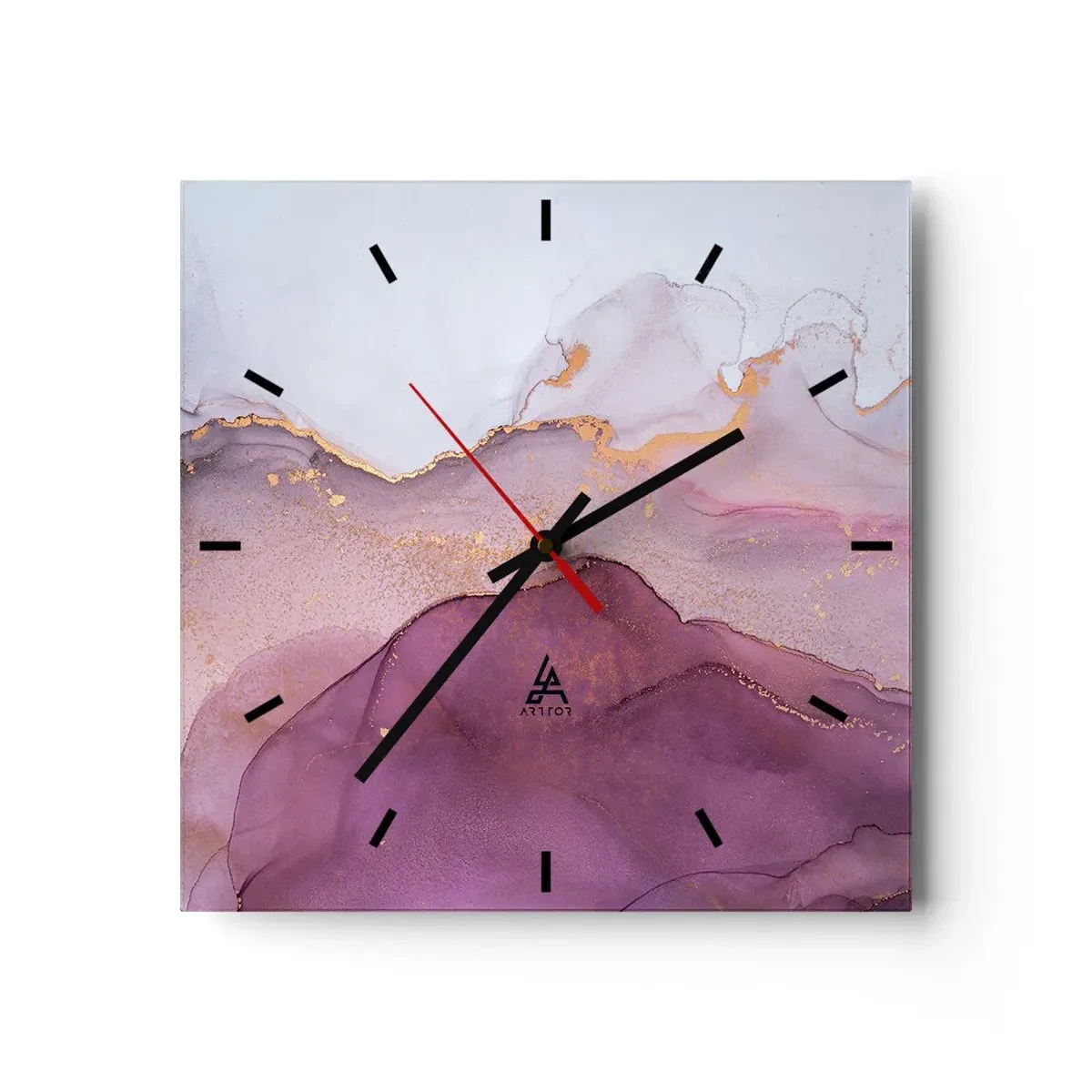 Reloj de pared - Reloj de vidrio - Una composición abstracta en tonos morados y dorados. - 30x30cm - Olas de lila y púrpura - Decoración de pared moderna para salón y dormitorio ARTTOR
