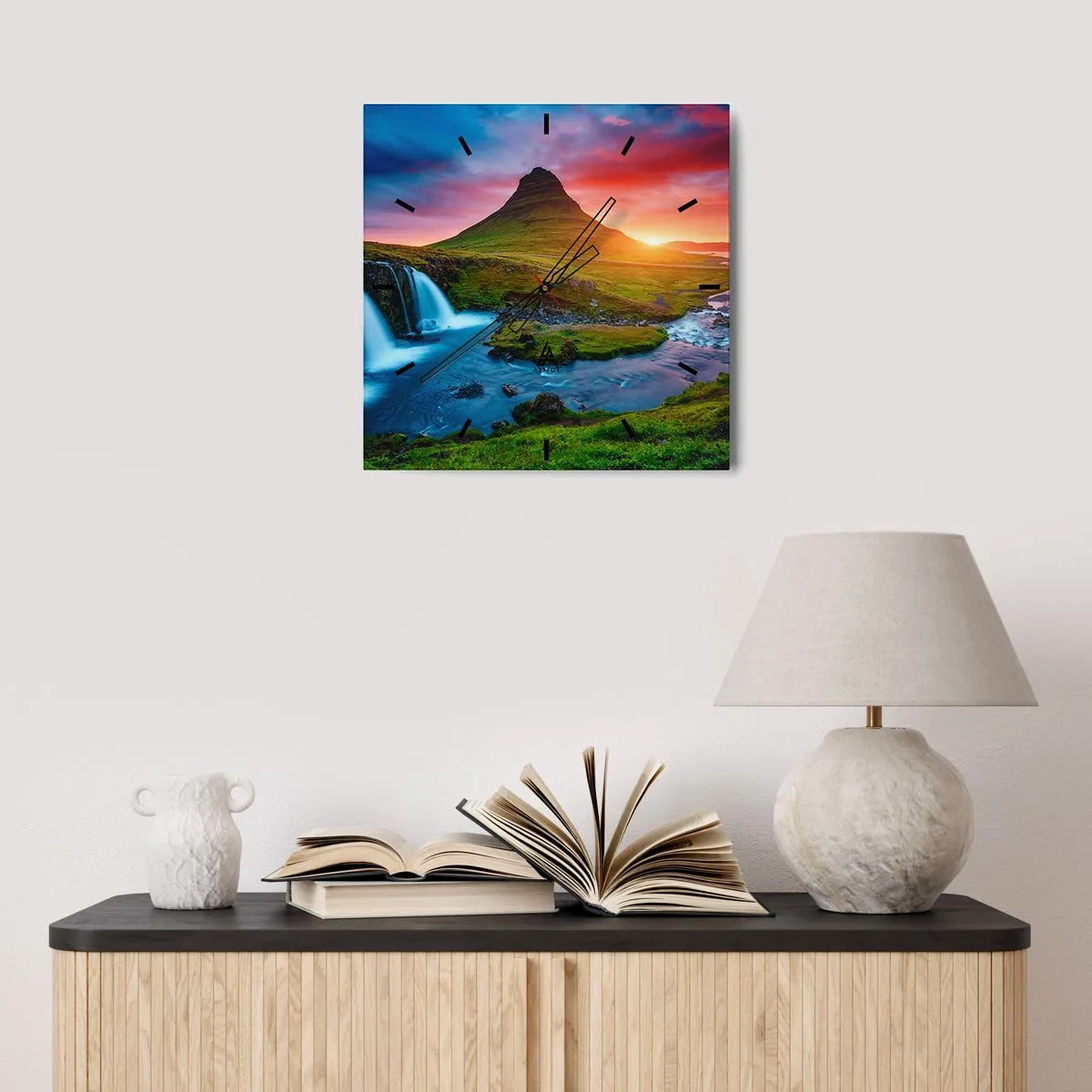 Reloj de pared - Reloj de vidrio - Islandia - fuego y agua - 40x40 cm