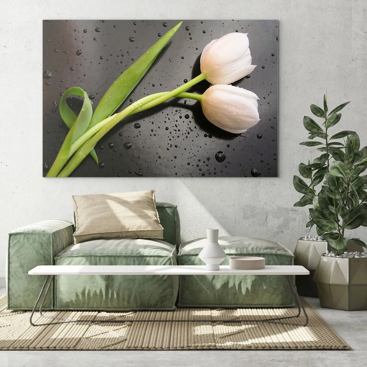 Cuadro sobre vidrio - Impresiones sobre Vidrio - Tulipanes blancos sobre un fondo con gotas de agua. - 100x70cm - Primavera - Decoración de pared moderna para salón y dormitorio ARTTOR