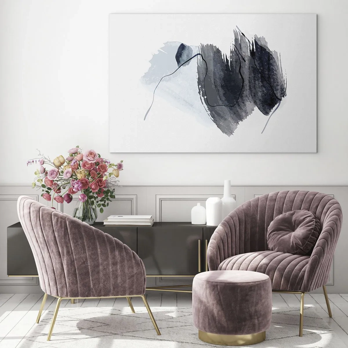 Cuadro sobre vidrio - Impresiones sobre Vidrio - Una composición abstracta en tonos azul marino y gris. - 100x70cm - Intensidad y movimiento - Decoración de pared moderna para salón y dormitorio ARTTOR