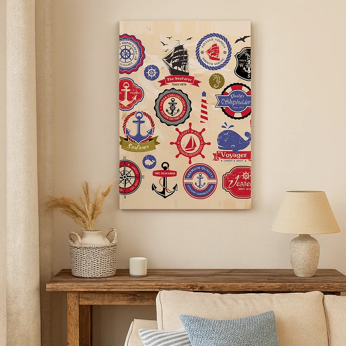 Cuadro sobre lienzo - Impresión de Imagen - Una colección de gráficos y símbolos náuticos sobre un fondo claro. - 50x70cm - Una fraternidad del mar - Decoración de pared moderna para salón y dormitorio ARTTOR