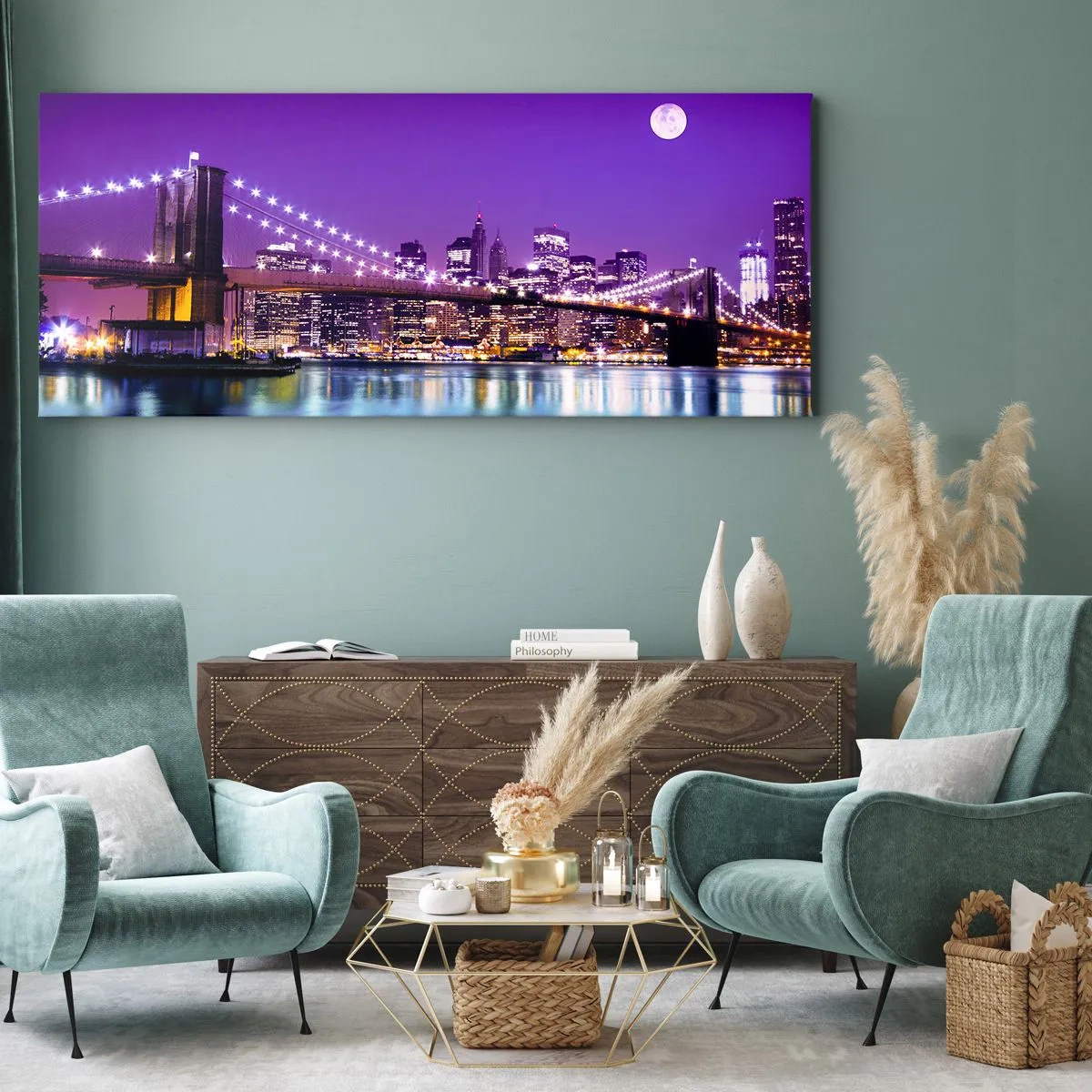 Cuadro sobre lienzo - Impresión de Imagen - Puente de Brooklyn de noche con la ciudad iluminada y luna llena - 160x50cm - Las luces de una gran ciudad en púrpura - Decoración de pared moderna para salón y dormitorio ARTTOR