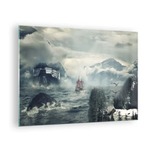 Cuadro sobre vidrio - Impresiones sobre Vidrio - Un barco en un mar tempestuoso con un castillo al fondo. - 70x50cm - En aguas mágicas - Decoración de pared moderna para salón y dormitorio ARTTOR