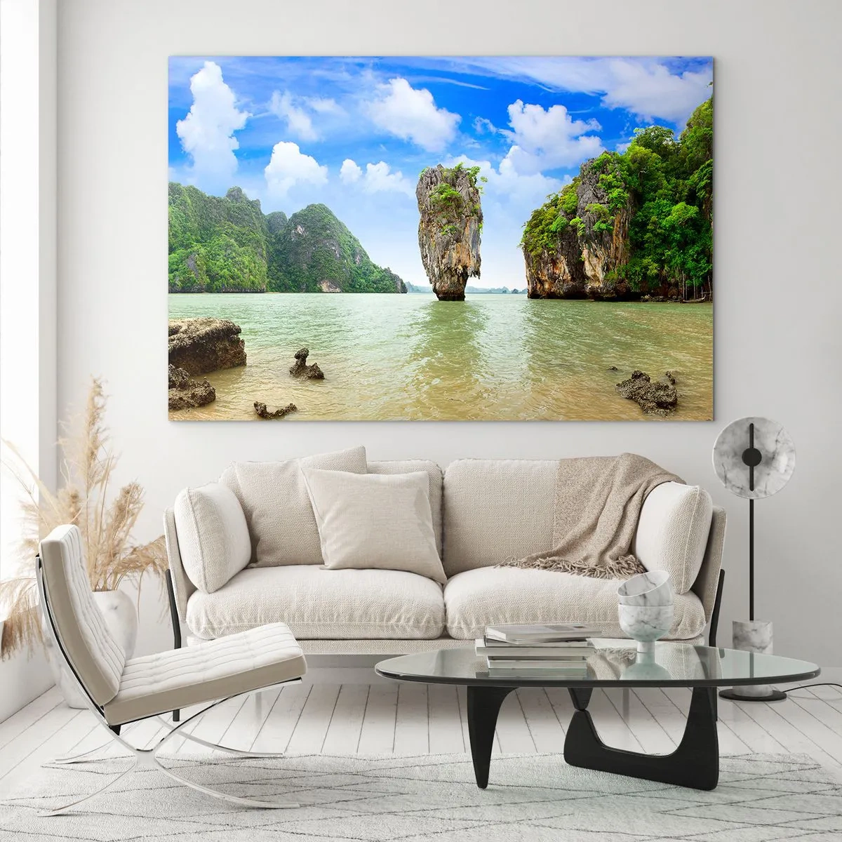 Cuadro sobre vidrio - Impresiones sobre Vidrio - Una roca en el agua rodeada de islas tropicales. - 70x50cm - Las maravillas rocosas de la naturaleza - Decoración de pared moderna para salón y dormitorio ARTTOR