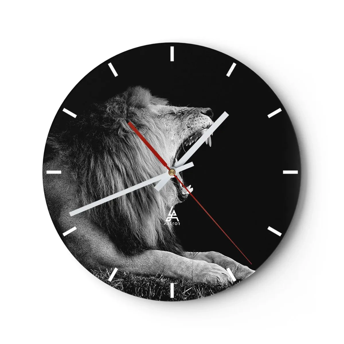 Reloj de pared - Reloj de vidrio - Fotografía en blanco y negro de un león rugiente. - 30x30cm - Sin duda alguna - Decoración de pared moderna para salón, cocina y dormitorio ARTTOR