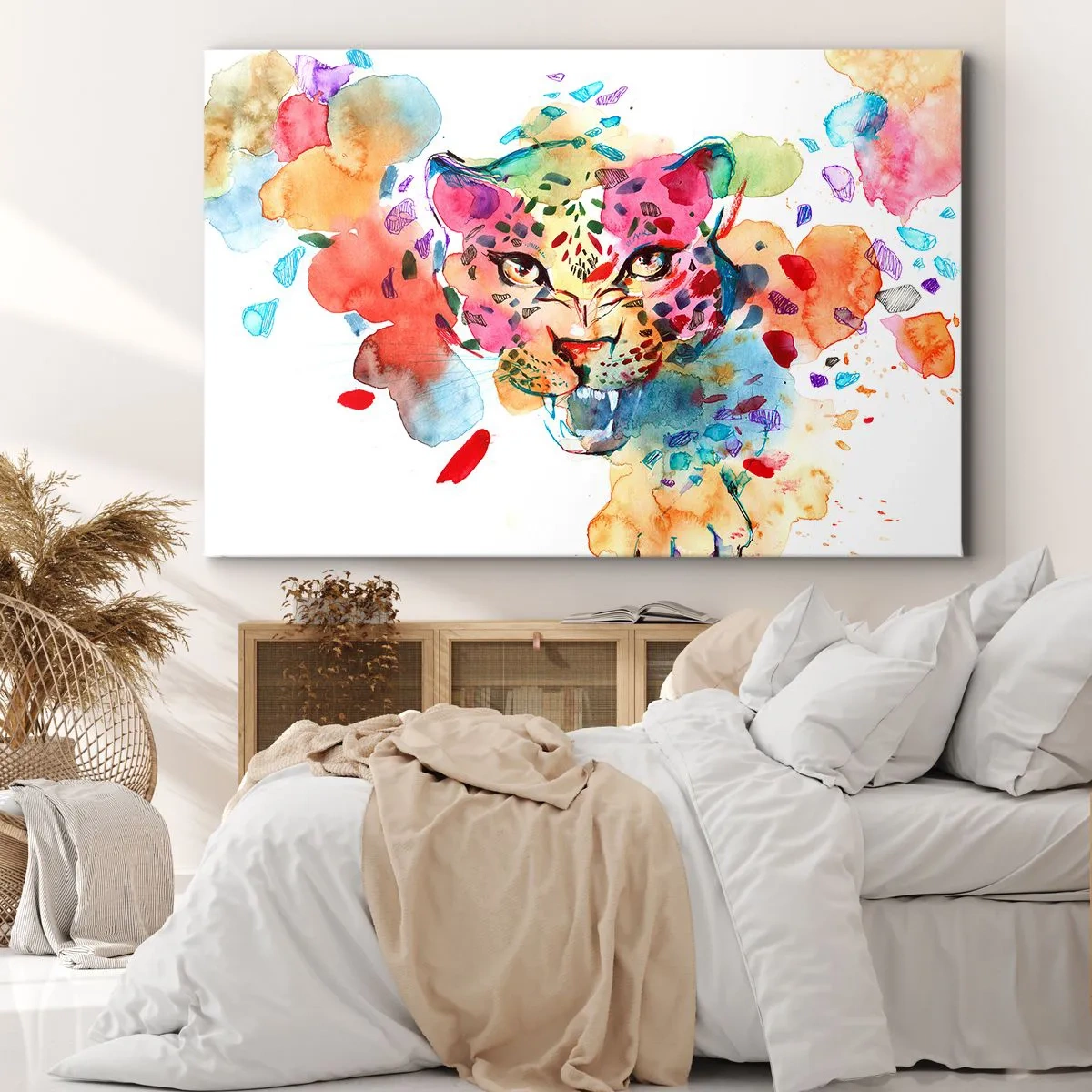 Cuadro sobre lienzo - Impresión de Imagen - Retrato abstracto de un leopardo en colores intensos. - 100x70cm - La bella y la bestia - Decoración de pared moderna para salón y dormitorio ARTTOR