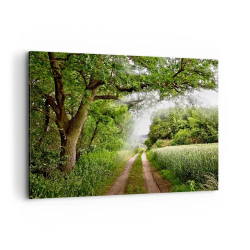 Cuadro sobre lienzo - Impresión de Imagen - Un camino de tierra entre árboles verdes y luz solar. - 120x80cm - Ensueño - Decoración de pared moderna para salón y dormitorio ARTTOR