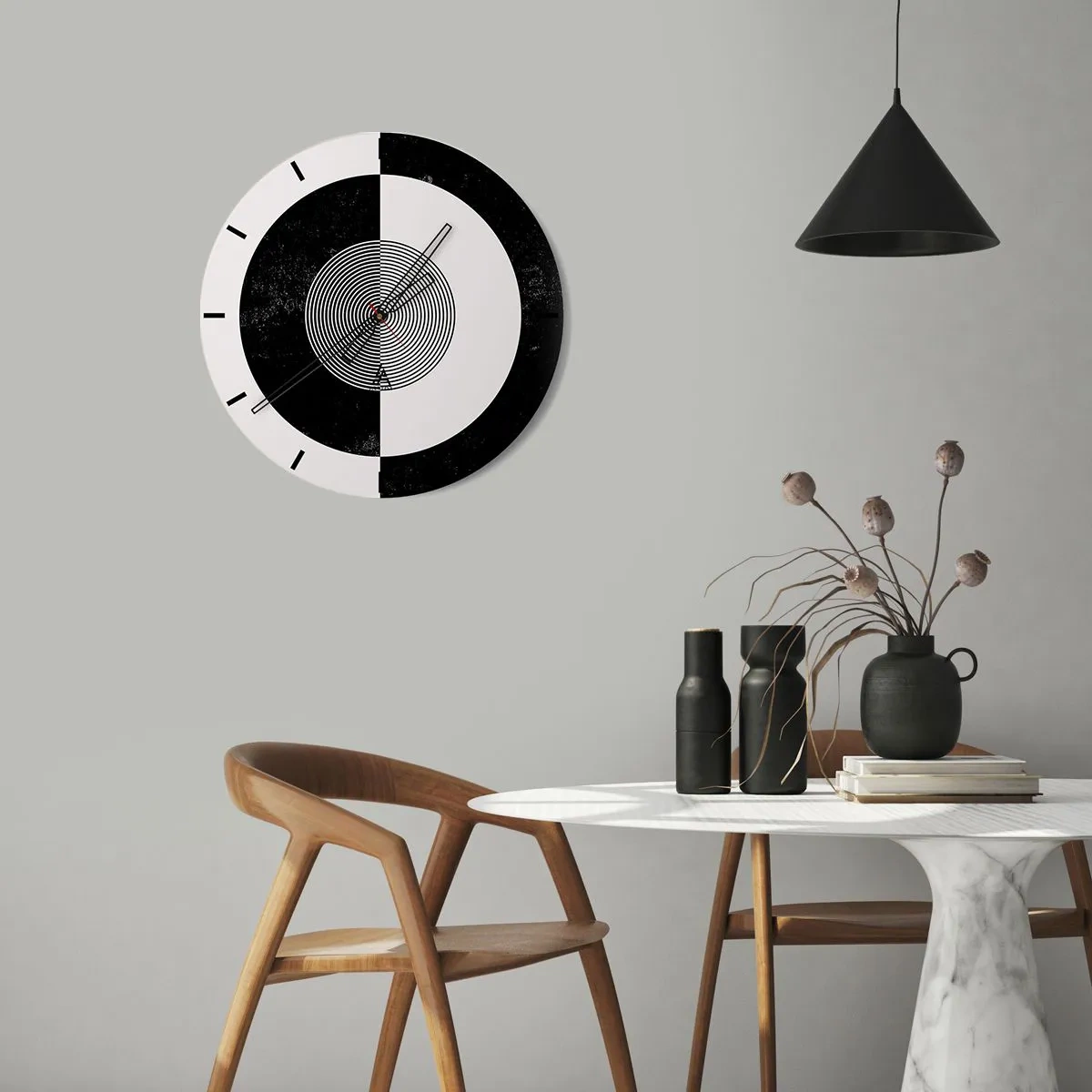 Reloj de pared - Reloj de vidrio - Patrón abstracto en blanco y negro con círculos concéntricos. - 30x30cm - Armonía en blanco y negro - Decoración de pared moderna para salón, cocina y dormitorio ARTTOR