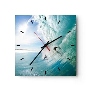 Reloj de pared - Reloj de vidrio - Un surfista montando una ola bajo la luz del sol contra un cielo azul. - 30x30cm - Siempre en la ola - Decoración de pared moderna para salón y dormitorio ARTTOR
