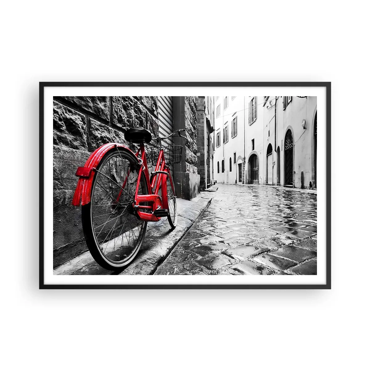 Póster en marco negro - Bicicleta roja en una calle en blanco y negro - 100x70cm - La verdadera belleza no envejece - Decoración de pared moderna para salón y dormitorio ARTTOR