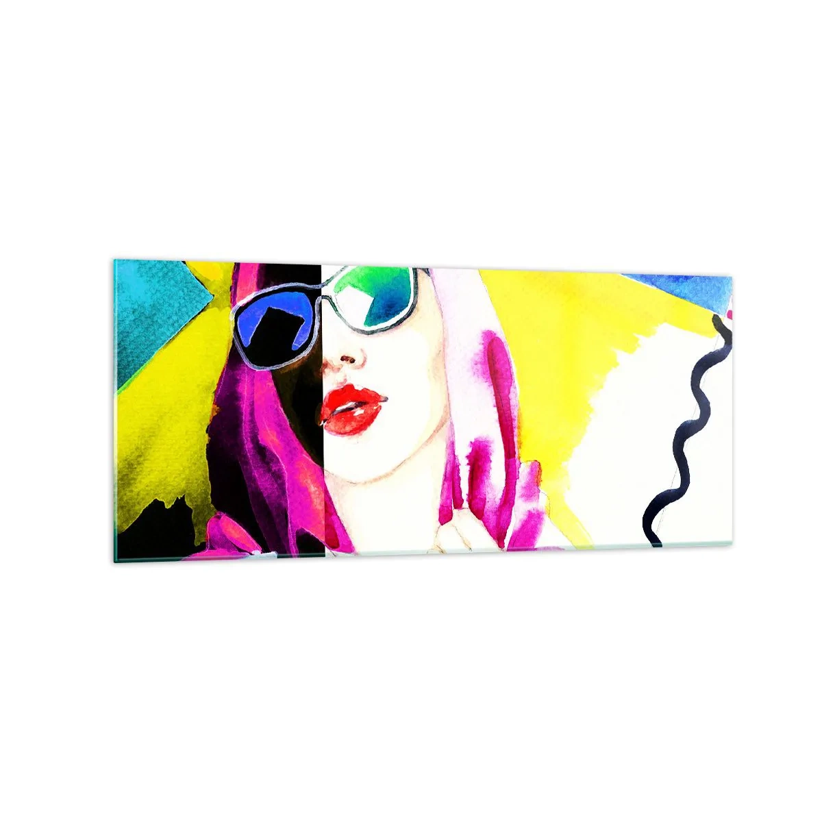Cuadro sobre vidrio - Impresiones sobre Vidrio - Retrato colorido de una mujer con gafas de sol. - 120x50cm - Contrastes - Decoración de pared moderna para salón y dormitorio ARTTOR