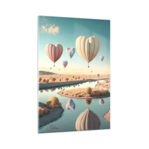 Cuadro sobre vidrio - Impresiones sobre Vidrio - Globos en forma de corazón flotando sobre el paisaje. - 70x100cm - El amor te hace volar - Decoración de pared moderna para salón y dormitorio ARTTOR
