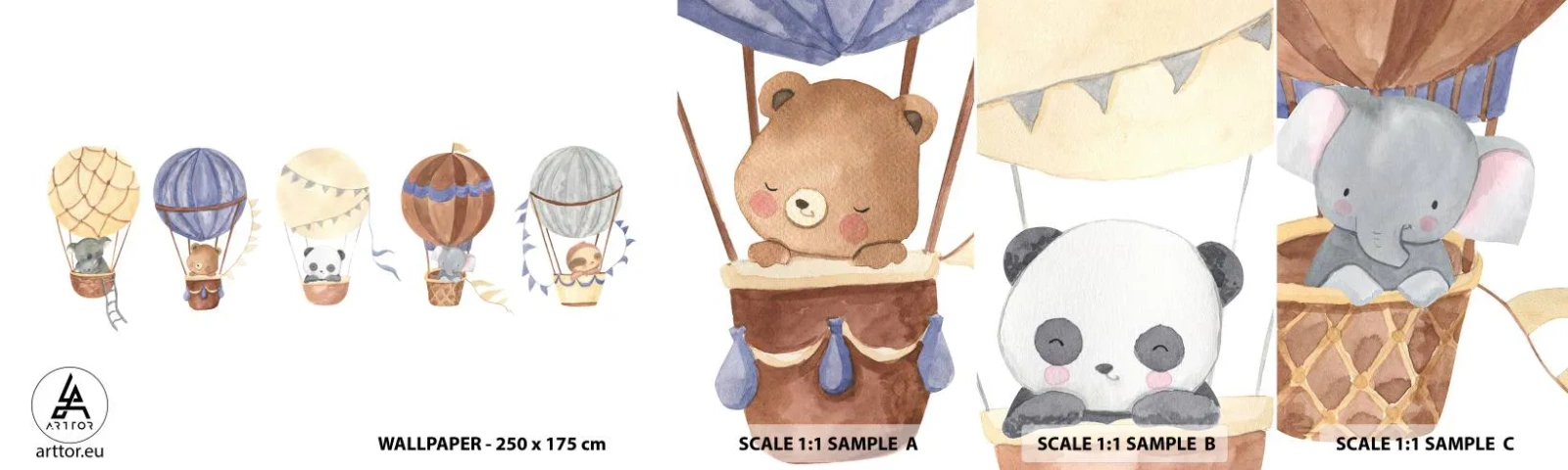 Muestra De Fotomural Standard Eco - Amigos de viaje - globos, animales, Para niños - 100x30 cm