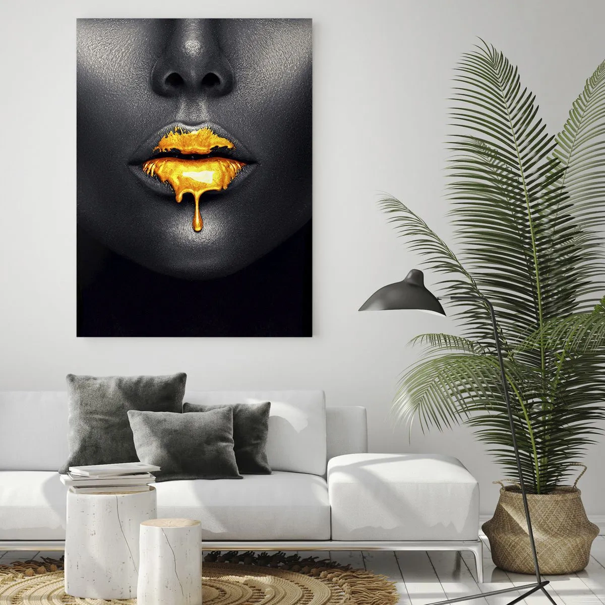Cuadro sobre vidrio - Impresiones sobre Vidrio - Retrato en negro y dorado de una mujer con labios brillantes. - 50x70cm - Labios de oro - Decoración de pared moderna para salón y dormitorio ARTTOR