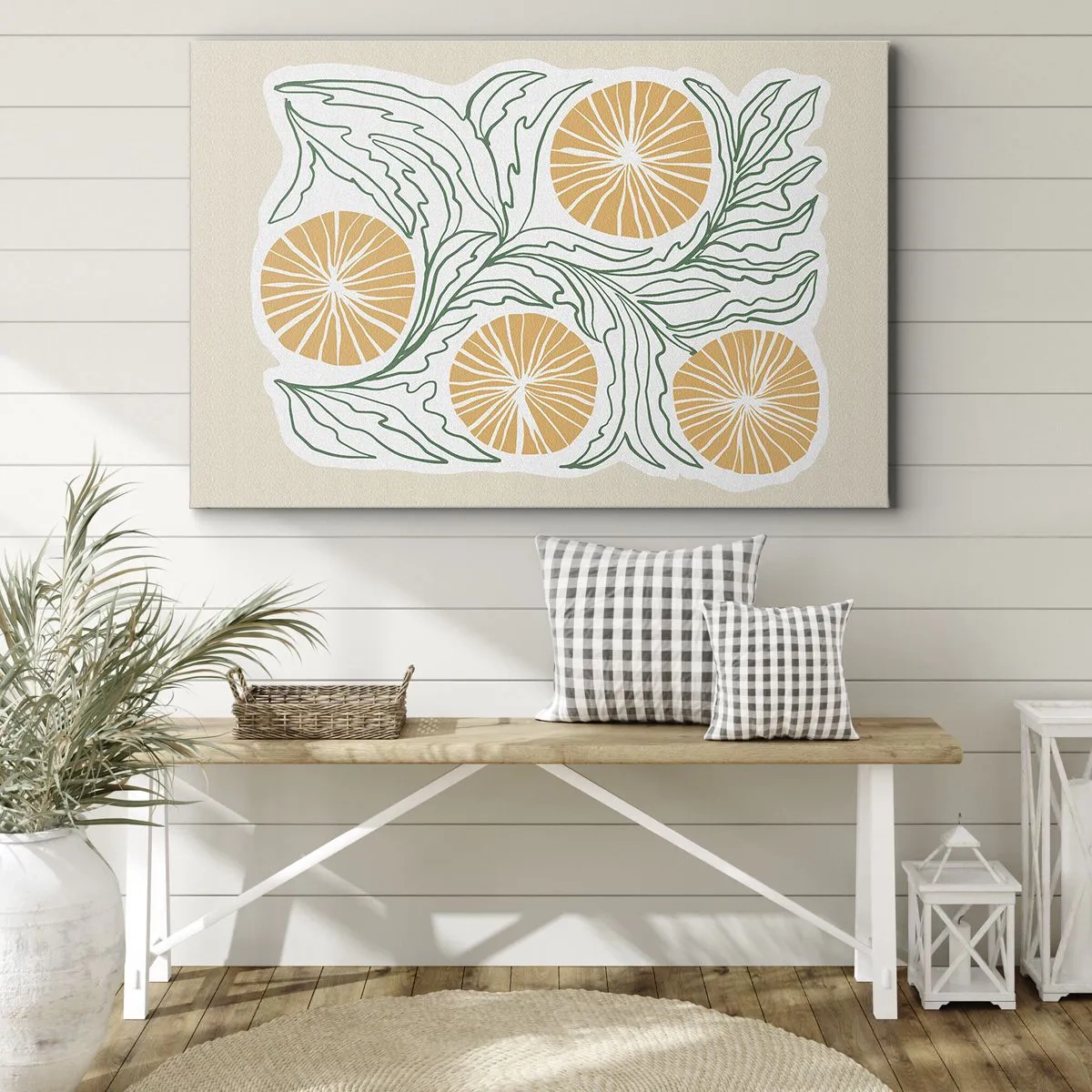 Cuadro sobre lienzo - Impresión de Imagen - Un motivo naranja minimalista con hojas verdes. - 70x50cm - Étnico con un toque de abstracción - Decoración de pared moderna para salón y dormitorio ARTTOR