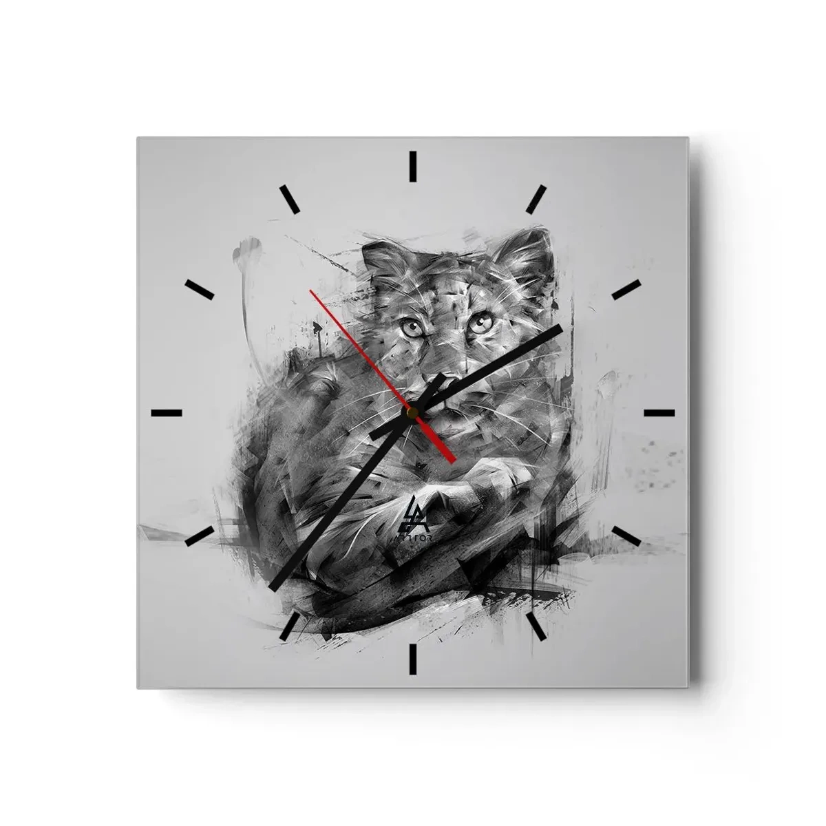 Reloj de pared - Reloj de vidrio - Retrato en blanco y negro de un león en un estilo artístico con trazos dinámicos. - 30x30cm - Sí, estoy escuchando - Decoración de pared moderna para salón y dormitorio ARTTOR