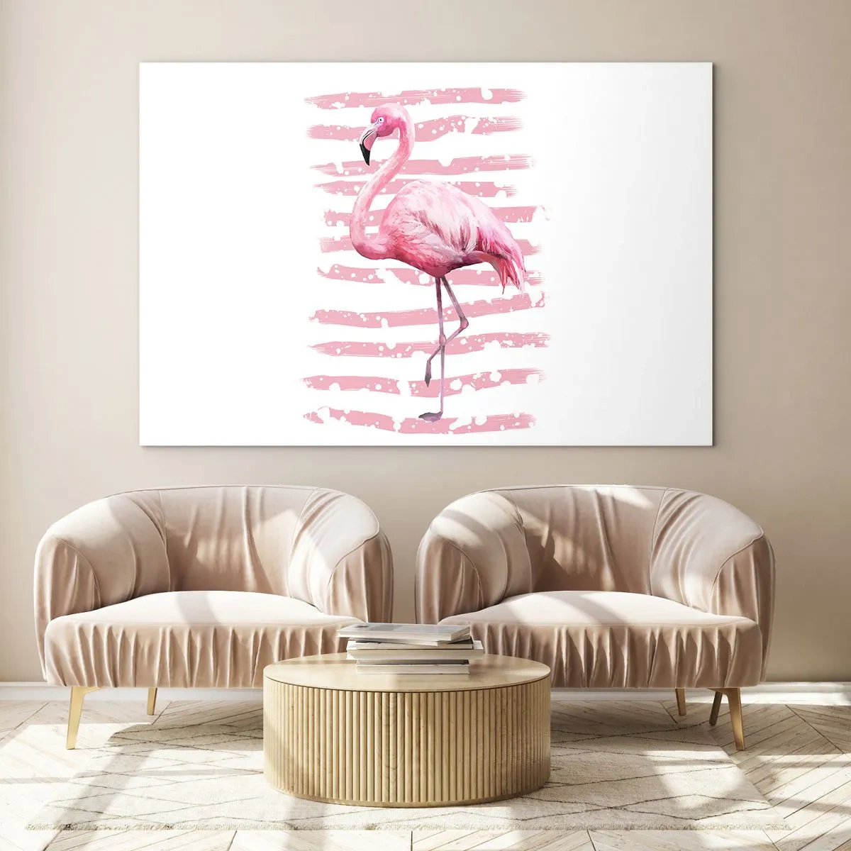 Cuadro sobre vidrio - Impresiones sobre Vidrio - Un flamenco rosa sobre un fondo de artísticas rayas rosas. - 70x50cm - Flamenco veraniego - Decoración de pared moderna para salón y dormitorio ARTTOR