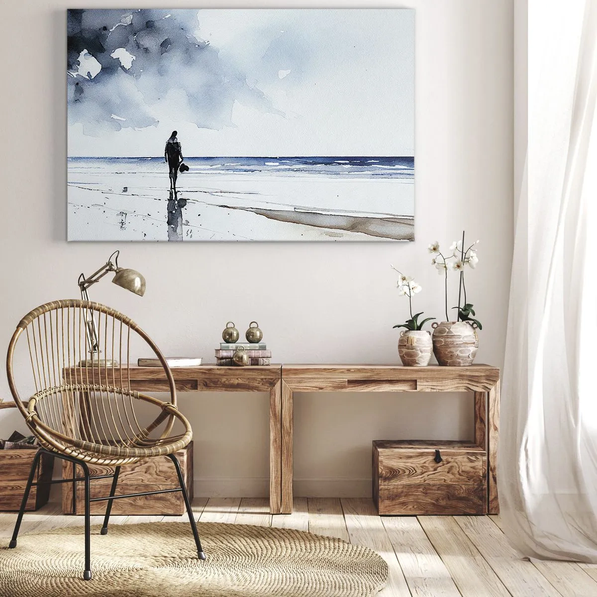 Cuadro sobre lienzo - Impresión de Imagen - Una figura en una playa en un entorno de mar tranquilo. - 120x80cm - Conversación con el mar - Decoración de pared moderna para salón y dormitorio ARTTOR