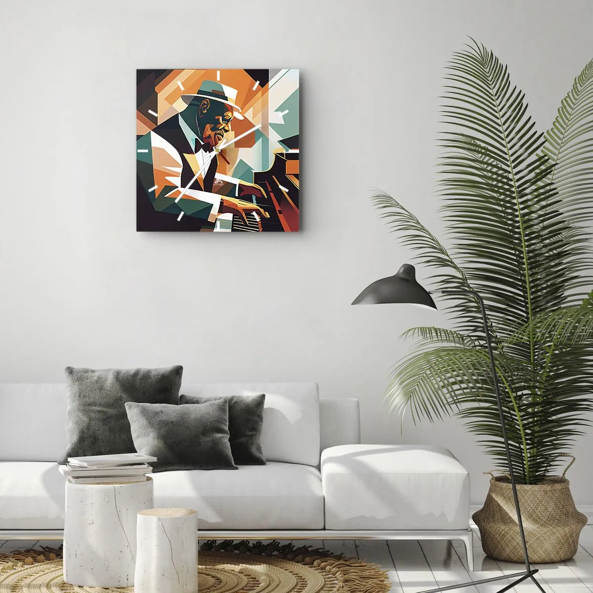 Reloj de pared - Reloj de vidrio - Músico abstracto tocando el piano en colores cálidos. - 30x30cm - Todo ese jazz que llevas dentro - Decoración de pared moderna para salón y dormitorio ARTTOR