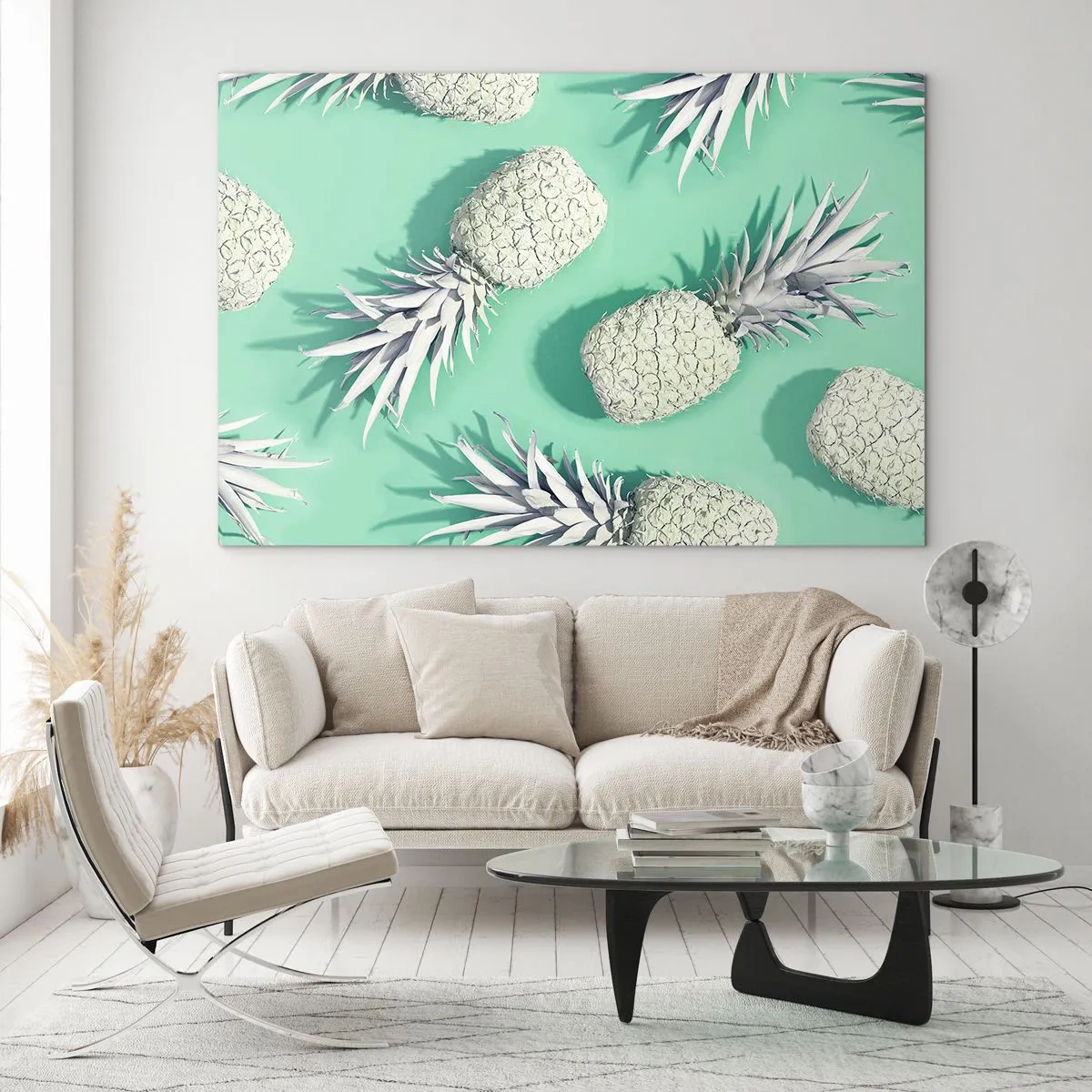 Cuadro sobre vidrio - Impresiones sobre Vidrio - Piñas blancas sobre un fondo de menta en una composición artística. - 70x50cm - Van bien con la menta - Decoración de pared moderna para salón y dormitorio ARTTOR