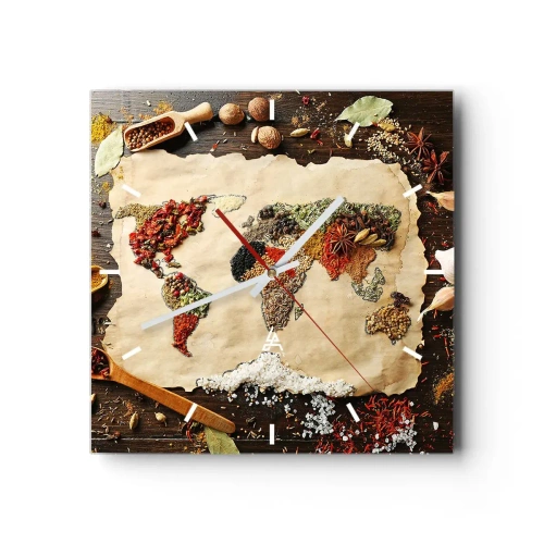 Reloj de pared - Reloj de vidrio - Un mapa del mundo hecho de especias sobre un fondo de madera. - 30x30cm - Todos los sabores del mundo - Decoración de pared moderna para salón y dormitorio ARTTOR