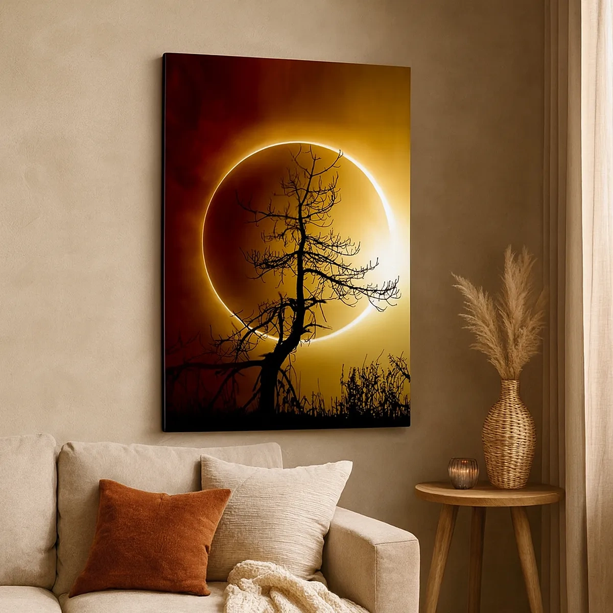 Cuadro sobre lienzo - Impresión de Imagen - Eclipse solar con una silueta de árbol en primer plano - 50x70cm - Eclipse total - Decoración de pared moderna para salón y dormitorio ARTTOR