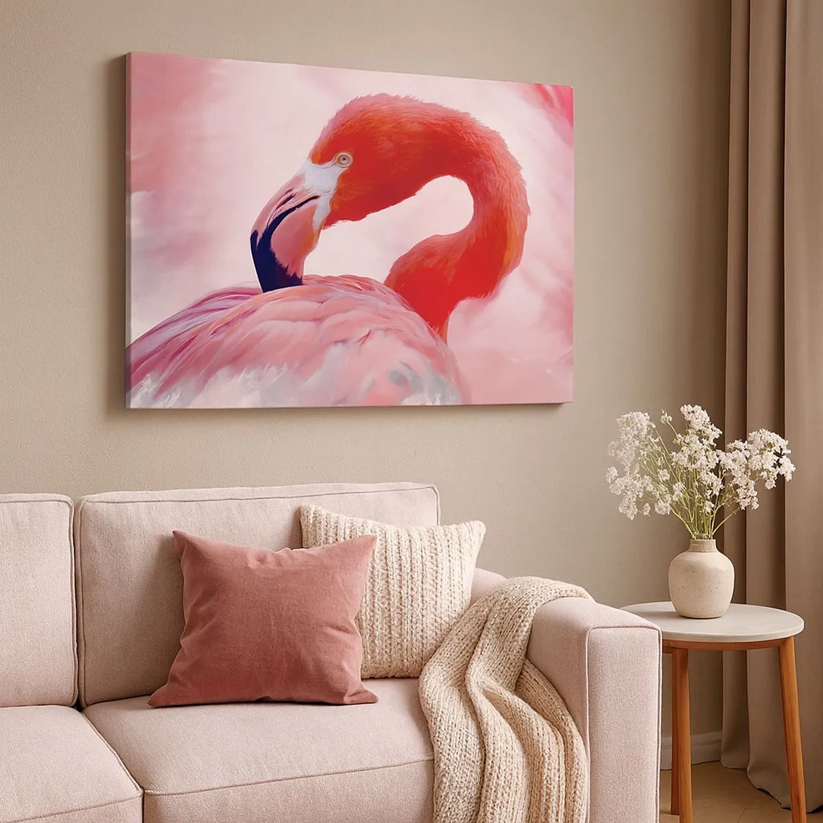 Cuadro sobre lienzo - Impresión de Imagen - Un flamenco en tonos rosados sobre un fondo claro. - 70x50cm - La belleza de las aves - Decoración de pared moderna para salón y dormitorio ARTTOR