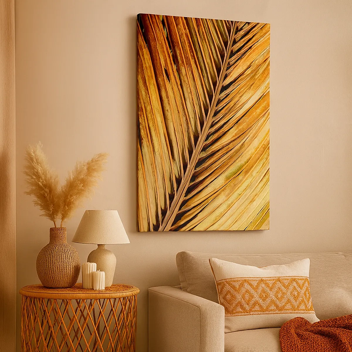Cuadro sobre lienzo - Impresión de Imagen - Primer plano de una hoja de palma seca en tonos cálidos. - 50x70cm - Oro de coco - Decoración de pared moderna para salón y dormitorio ARTTOR