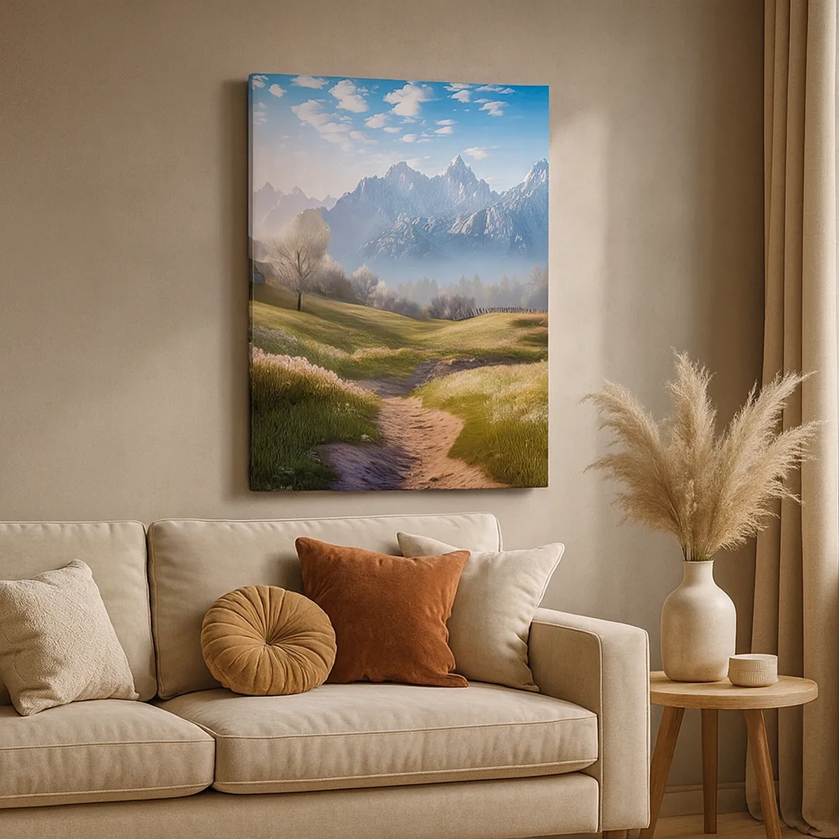 Cuadro sobre lienzo - Impresión de Imagen - Un valle de montaña con prados, cabañas y vistas a los picos. - 50x70cm - Valle idílico - Decoración de pared moderna para salón y dormitorio ARTTOR