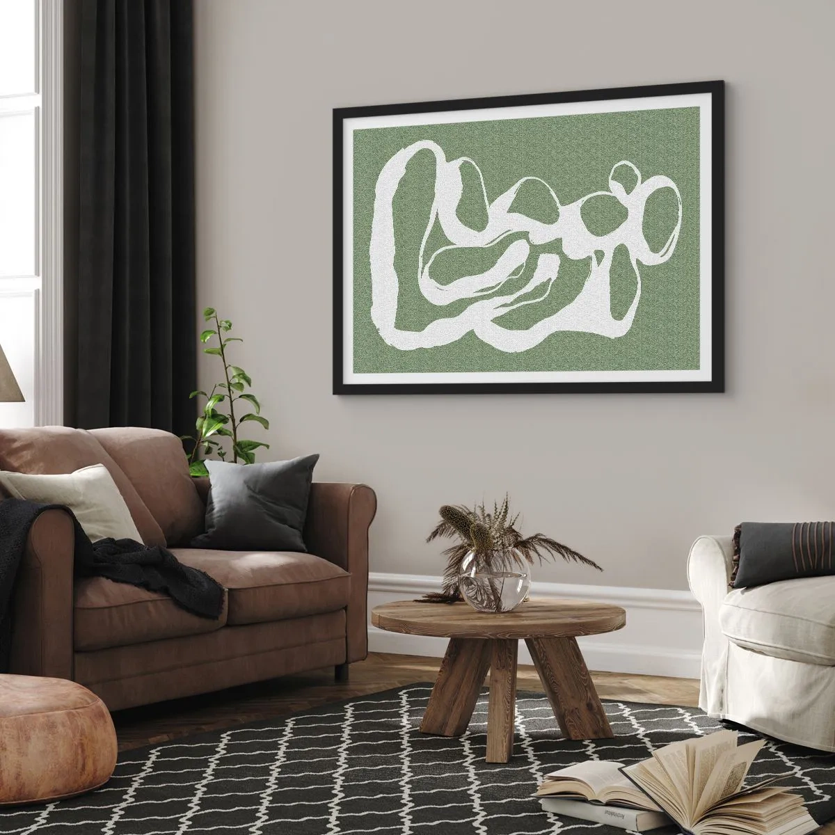 Póster en marco negro - Formas orgánicas en blanco sobre fondo verde. - 100x70cm - La llamada del espacio - Decoración de pared moderna para salón y dormitorio ARTTOR