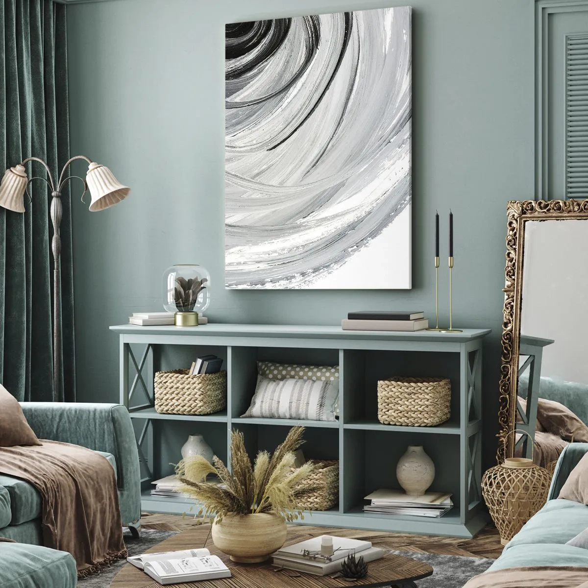 Cuadro sobre lienzo - Impresión de Imagen - Un remolino monocromático en tonos de gris y negro. - 50x70cm - Composición orbital - Decoración de pared moderna para salón y dormitorio ARTTOR