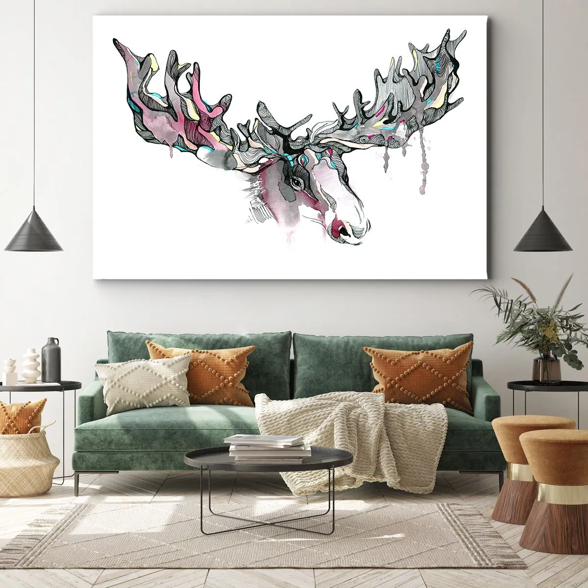 Cuadro sobre lienzo - Impresión de Imagen - Acuarela artística de un alce con ricas astas. - 70x50cm - La corona del rey del bosque - Decoración de pared moderna para salón y dormitorio ARTTOR