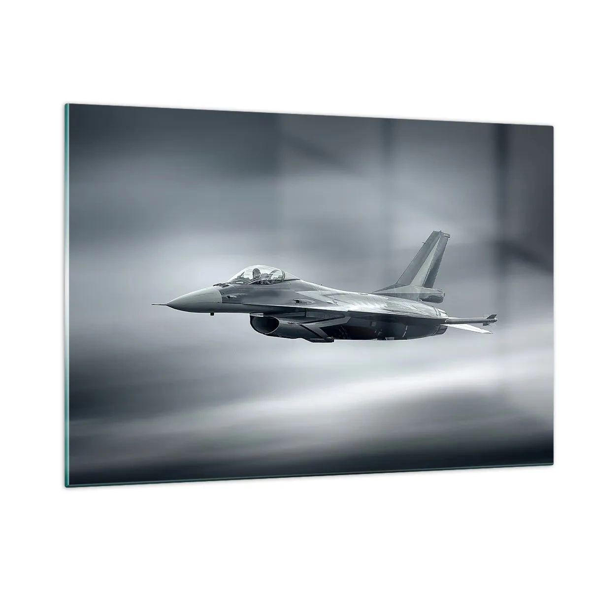 Cuadro sobre vidrio - Impresiones sobre Vidrio - Un avión de combate en vuelo contra un cielo nublado. - 120x80cm - ¿Quieres un reto? - Decoración de pared moderna para salón y dormitorio ARTTOR