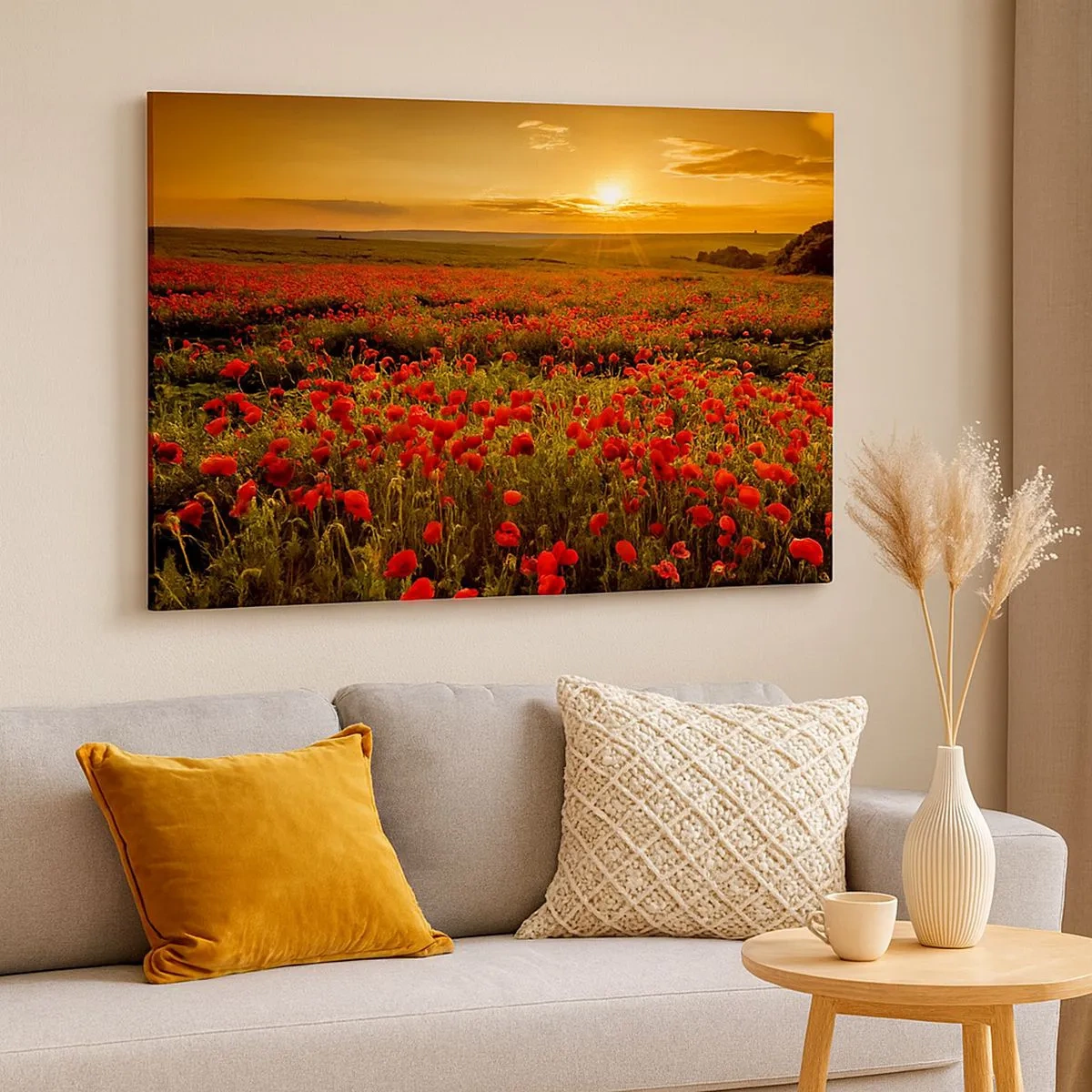 Cuadro sobre lienzo - Impresión de Imagen - Un campo de amapolas rojas bajo el resplandor del sol poniente. - 70x50cm - Entre los campos de flores - Decoración de pared moderna para salón y dormitorio ARTTOR