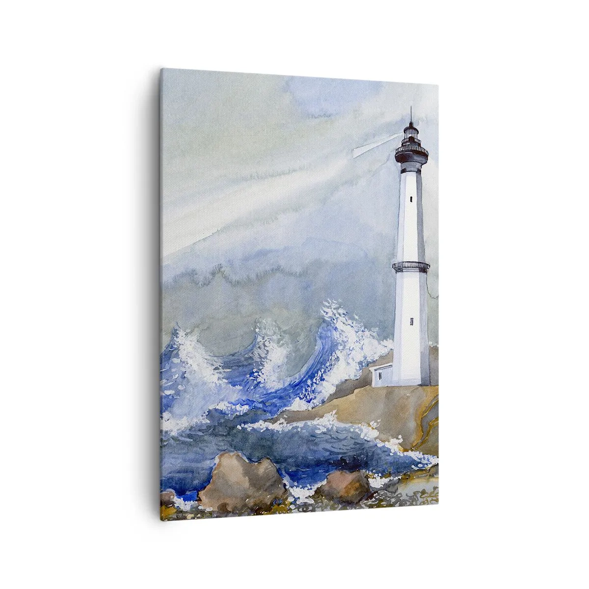 Cuadro sobre lienzo - Impresión de Imagen - Un faro en una costa rocosa con mar agitado. - 70x100cm - Contra la oscuridad y la tormenta - Decoración de pared moderna para salón y dormitorio ARTTOR