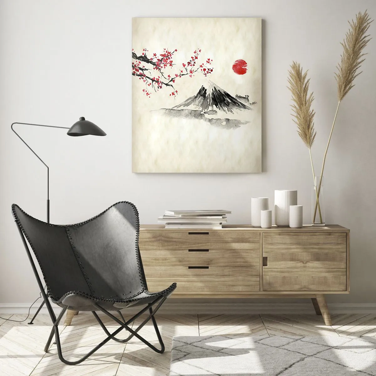 Cuadro sobre vidrio - Impresiones sobre Vidrio - Pintura de acuarela japonesa de una montaña y una rama floreciente. - 50x70cm - Enamórate de Japón - Decoración de pared moderna para salón y dormitorio ARTTOR