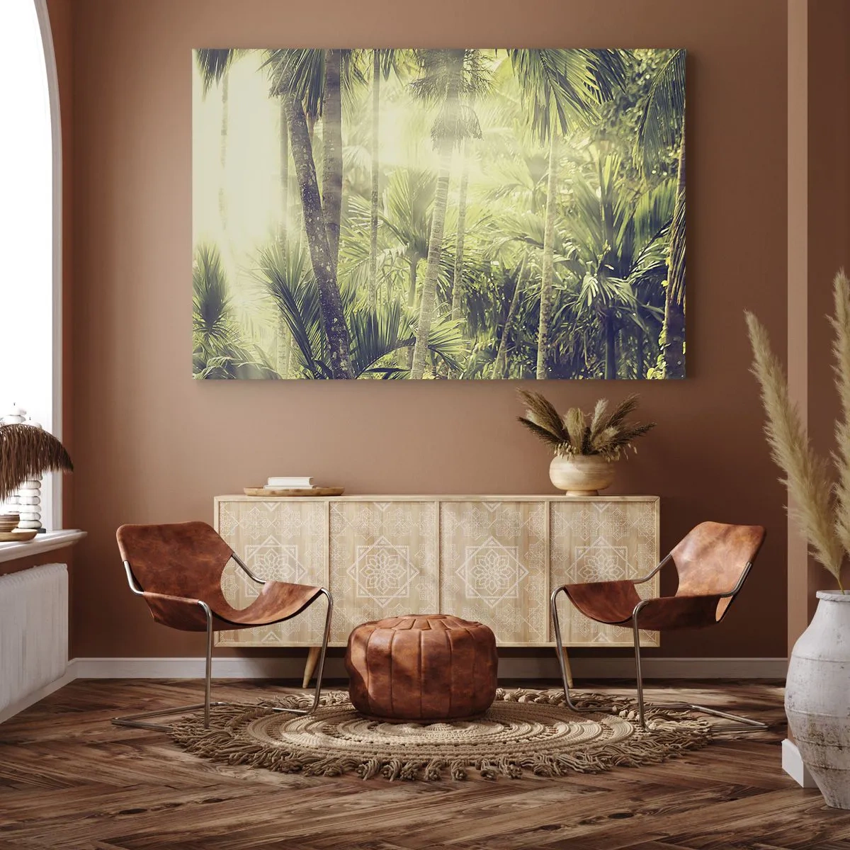 Cuadro sobre lienzo - Impresión de Imagen - Rayos de sol en un bosque tropical de palmeras - 120x80cm - En el cálido verde - Decoración de pared moderna para salón y dormitorio ARTTOR
