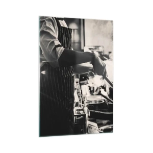 Cuadro sobre vidrio - Impresiones sobre Vidrio - Un chef trabajando en la cocina con vapor saliendo de una sartén. - 70x100cm - Alquimia de sabores - Decoración de pared moderna para salón y dormitorio ARTTOR