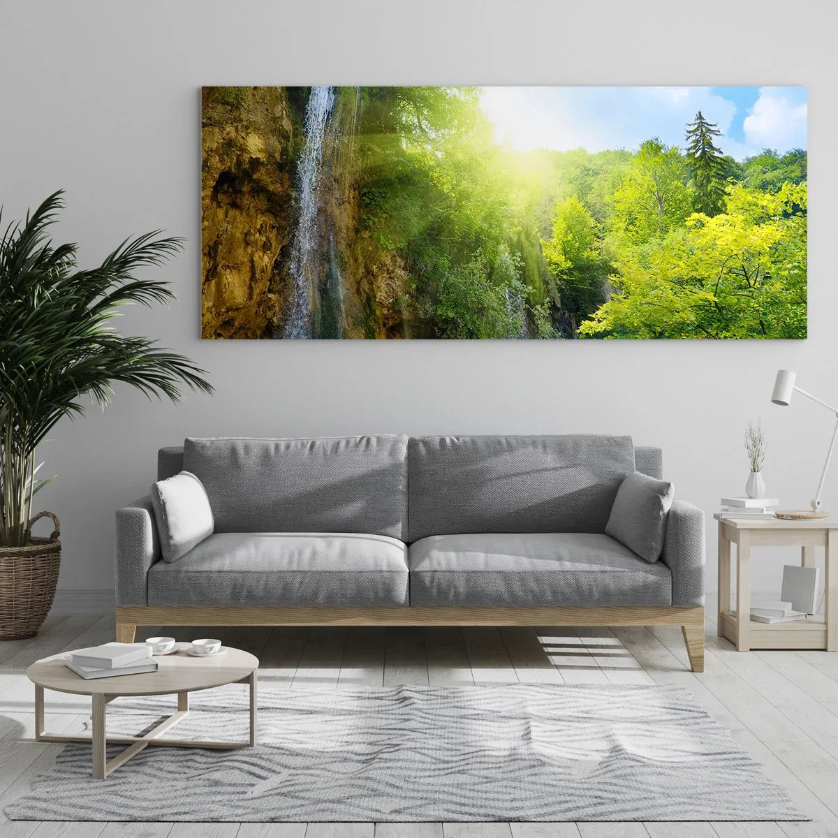 Cuadro sobre vidrio - Impresiones sobre Vidrio - Una cascada que desemboca en un lago turquesa rodeado de vegetación. - 120x50cm - Debe ser el Edén - Decoración de pared moderna para salón y dormitorio ARTTOR