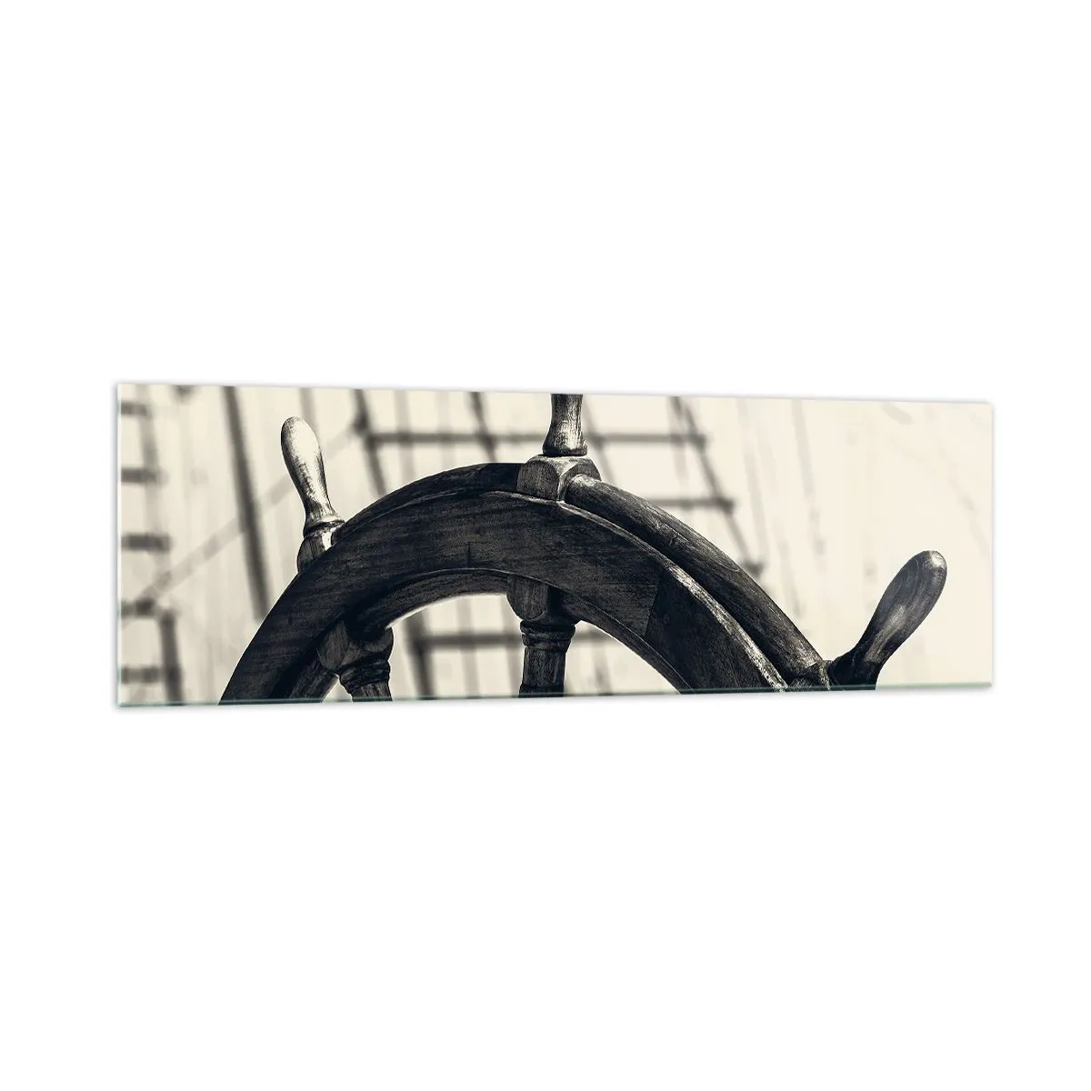Cuadro sobre vidrio - Impresiones sobre Vidrio - Un timón de vela de estilo retro con un barco al fondo. - 160x50cm - Un cuento marino - Decoración de pared moderna para salón y dormitorio ARTTOR