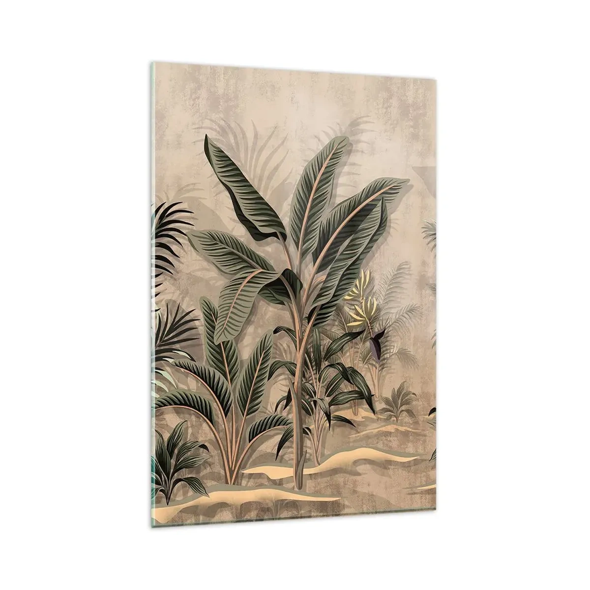 Cuadro sobre vidrio - Impresiones sobre Vidrio - Palmeras y vegetación tropical en tonos verdes sobre fondo beige. - 80x120cm - Grabados de estilo colonial - Decoración de pared moderna para salón y dormitorio ARTTOR